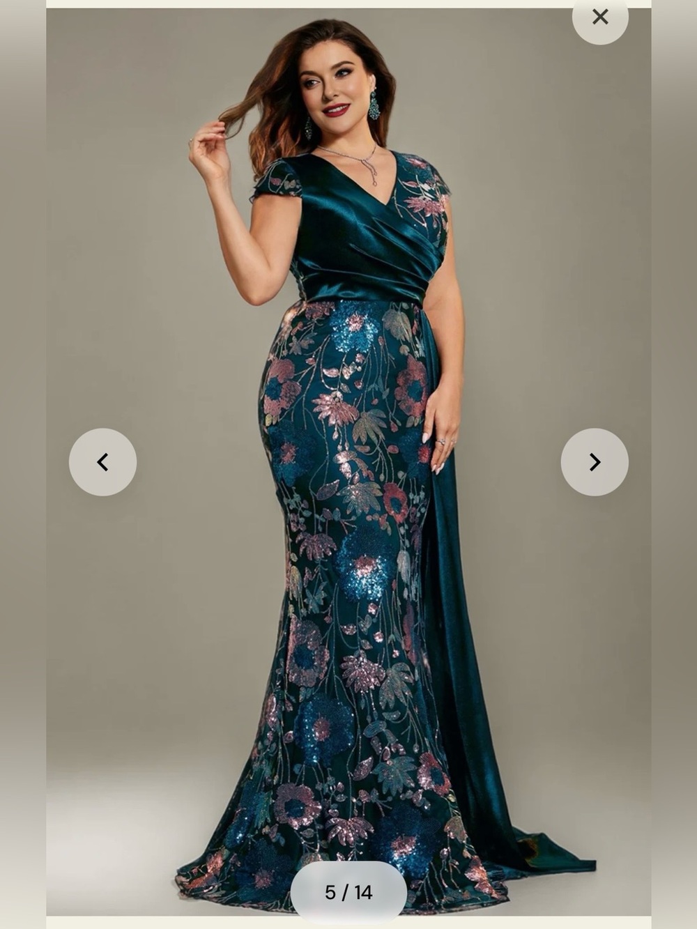 Blue Floral Sequin Evening Gown - Picture 5 of 9